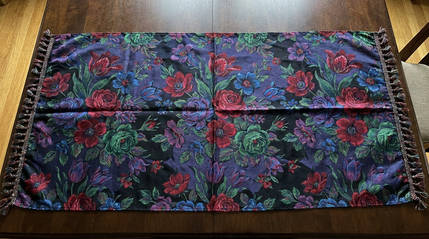 Bold floral kokum scarf with fringe
