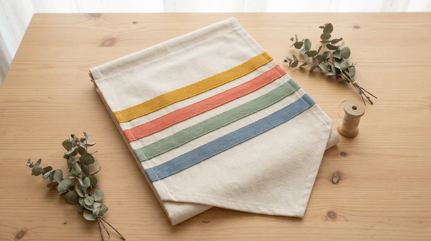 Cream cotton fabric trimmed with rows of colourful ribbon
