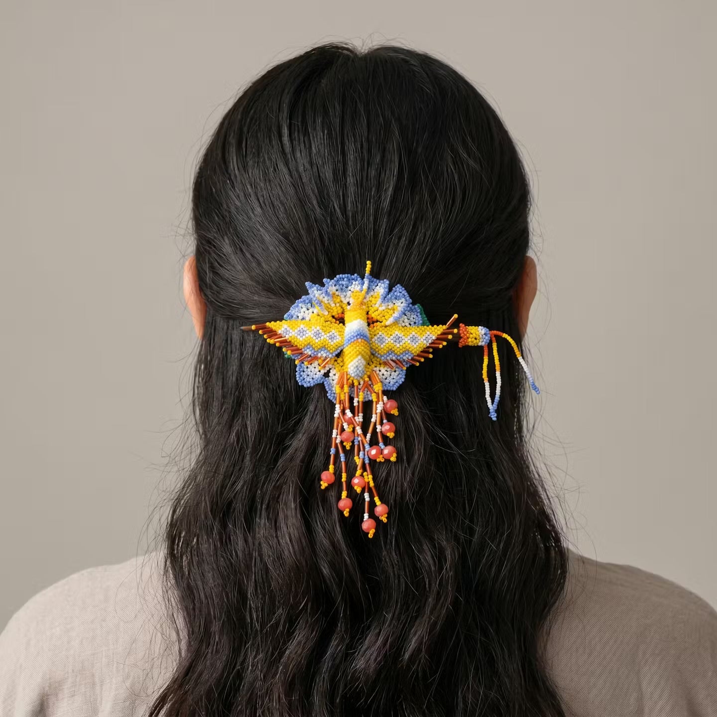 Maple Blossom Hummingbird Beaded Hair Stick Barrette
