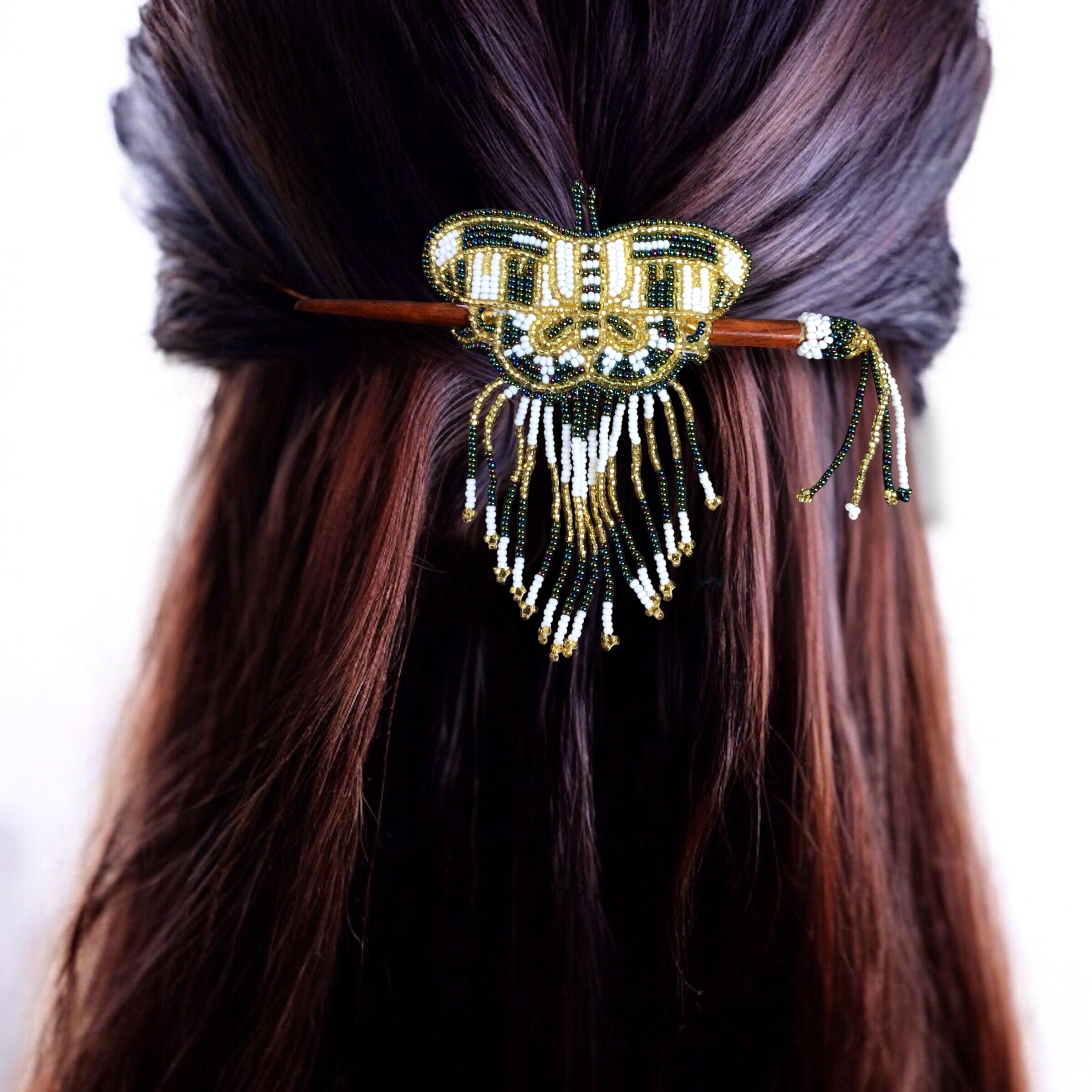 Wooden Stick Butterfly Beaded Barrette with Fringes