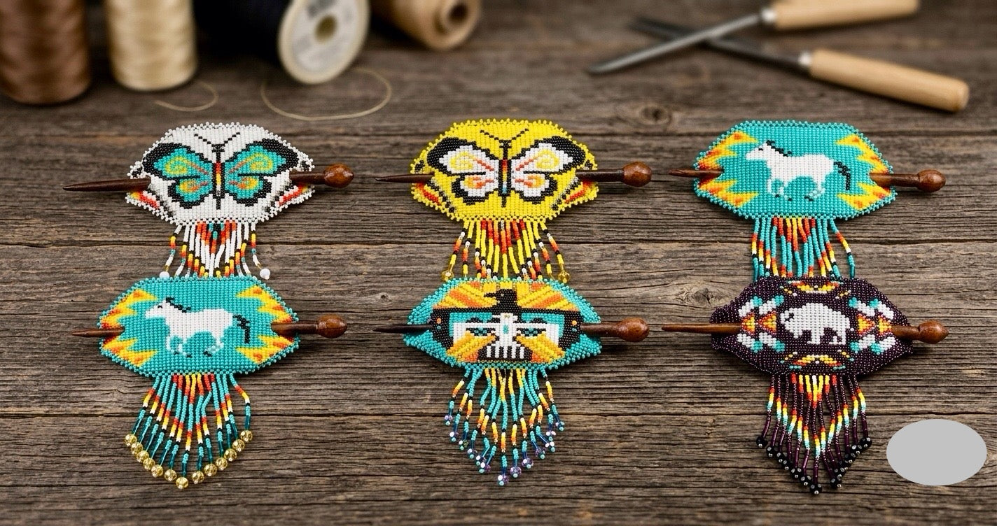 Fringed Beaded Barrette & wooden Stick