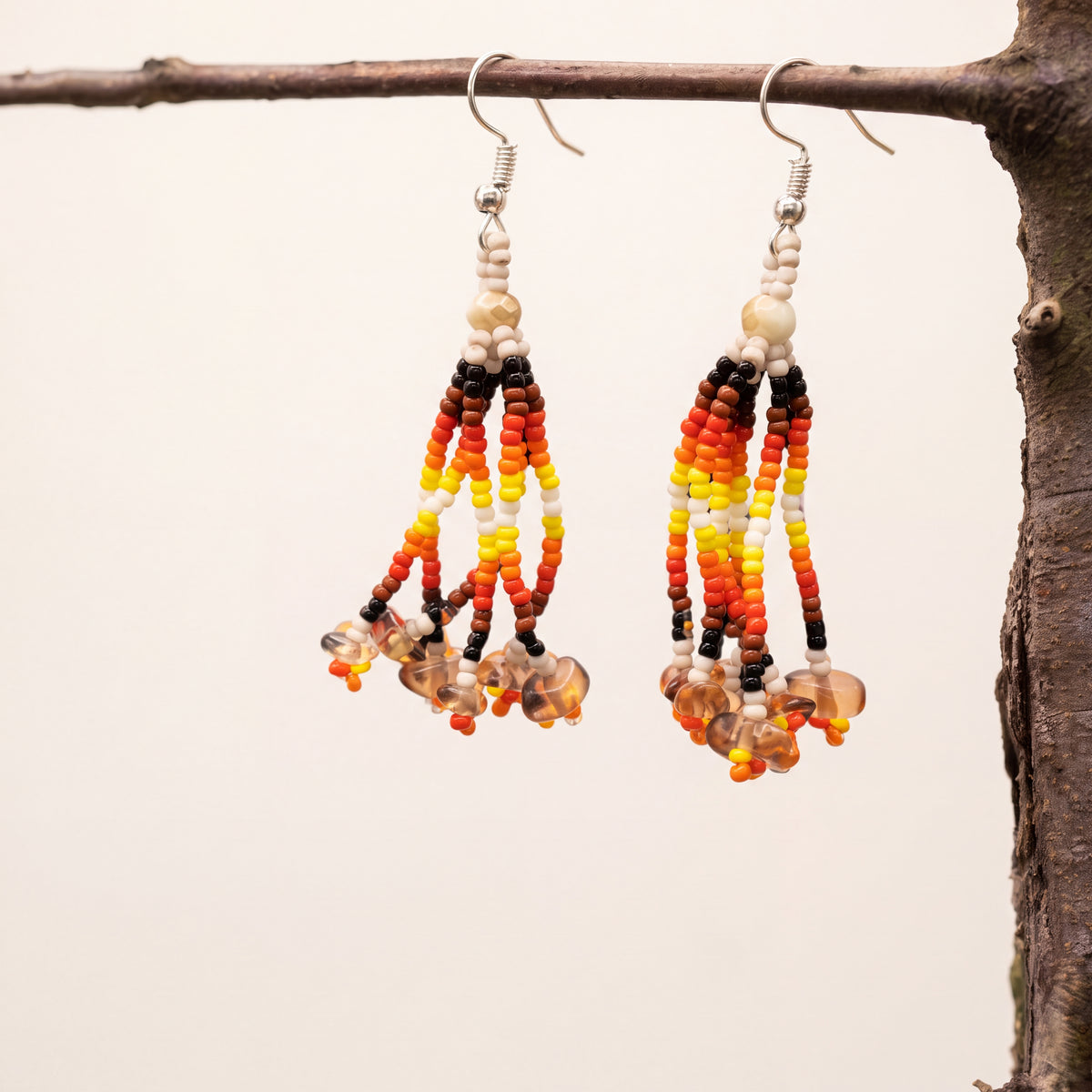 Beige Six-Strand Beaded Cascade Earrings