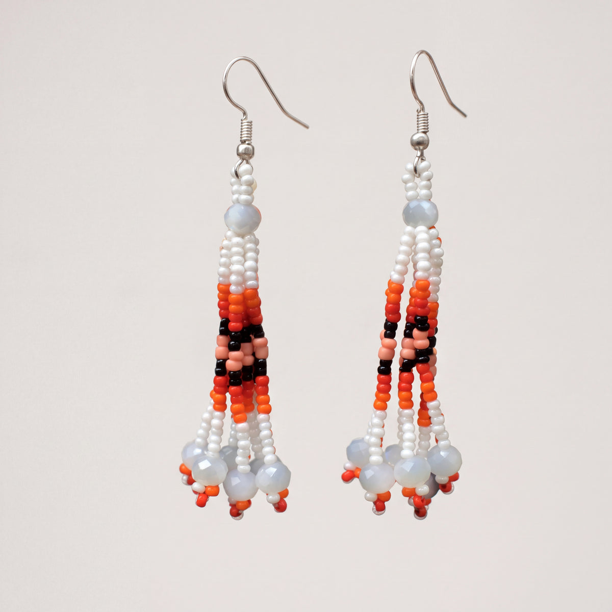 White Six-Strand Beaded Cascade Earrings