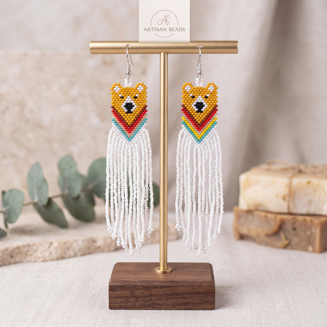 White Native Bear Beaded Earrings