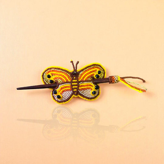 Yellow brown Handmade Beaded Butterfly Barrete