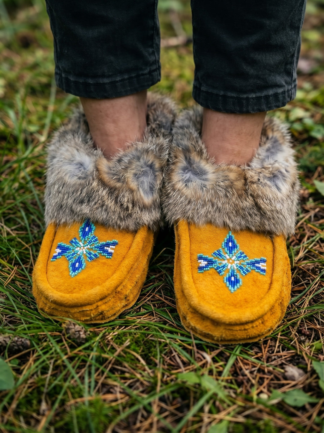 Yellow Moccasins with Beadwork (Size 10)