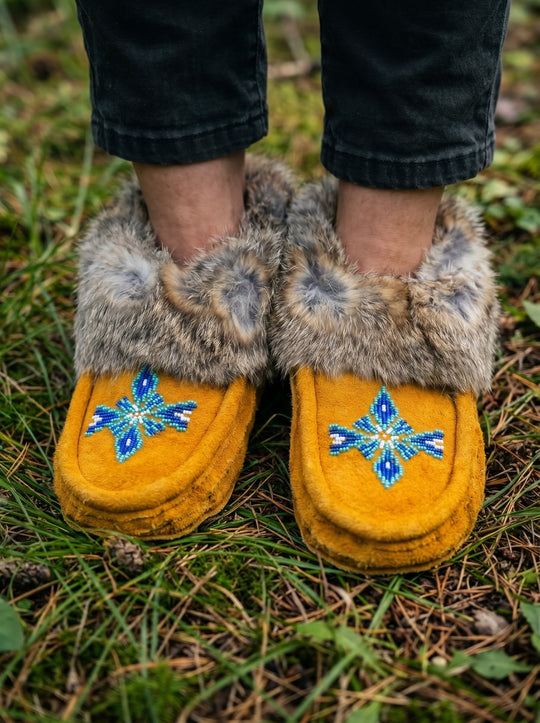 Yellow Moccasins with Beadwork (Size 10)