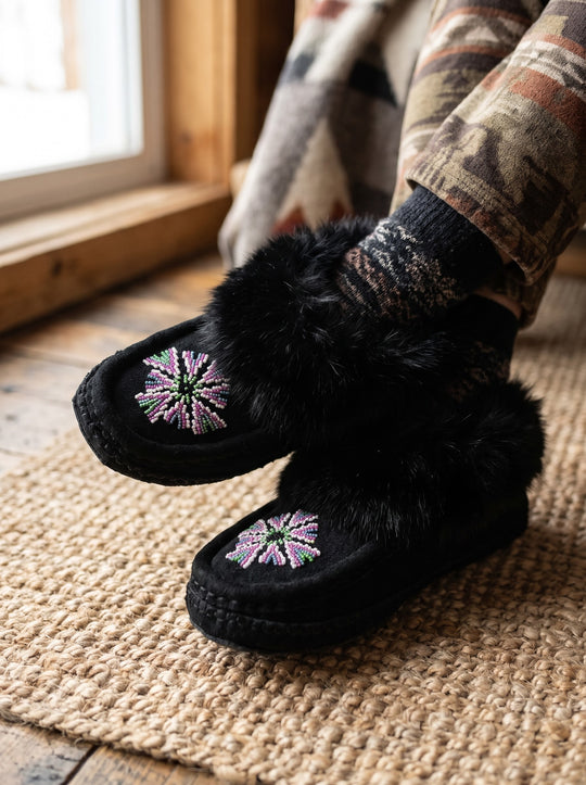Black Moccasins with Beadwork (Size 7)