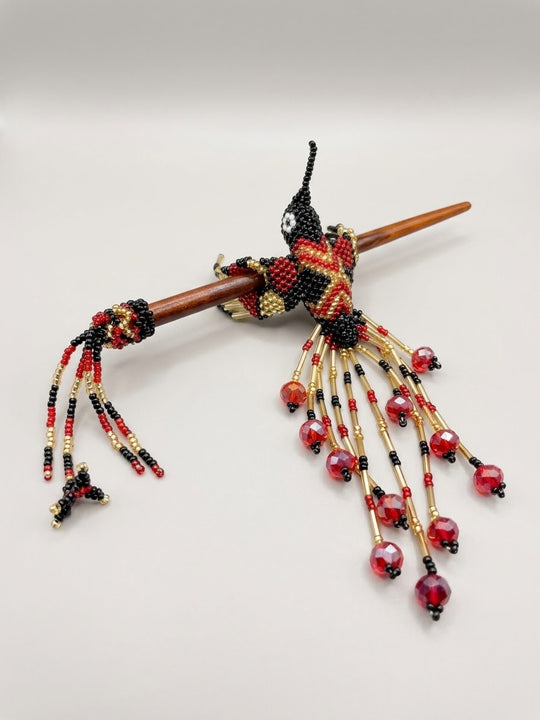 Red &amp; Black Hummingbird Beaded Hair Stick