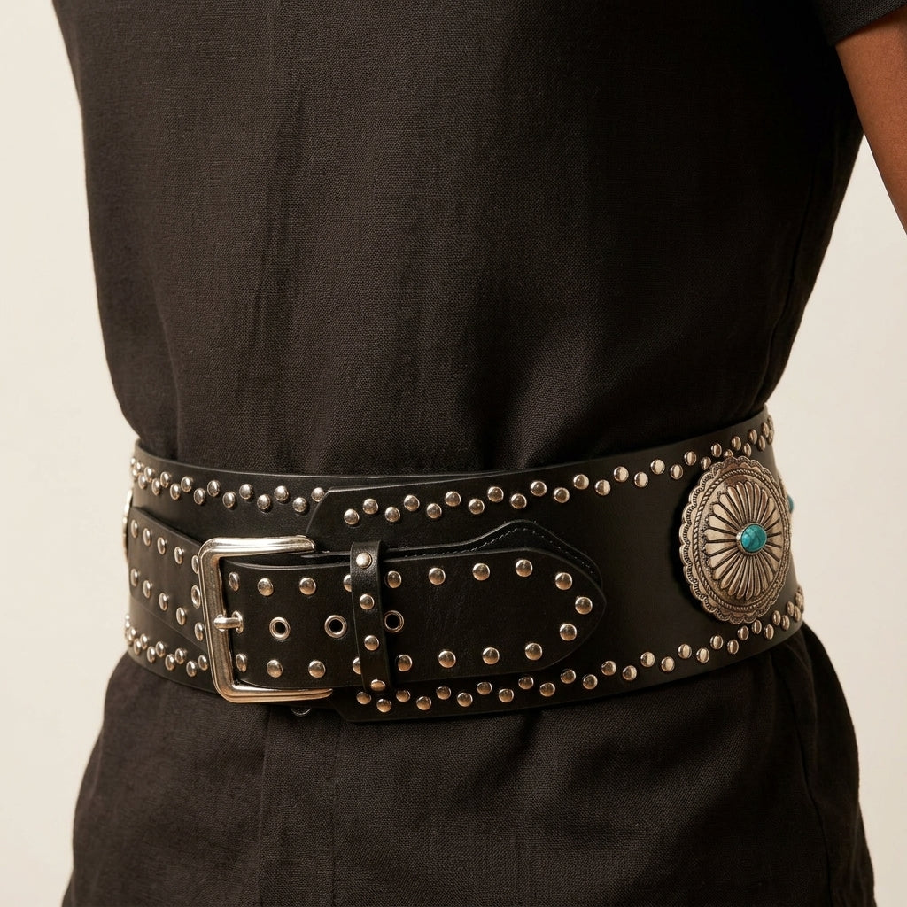 Western Concho Studded Belt (Black-Turquoise)