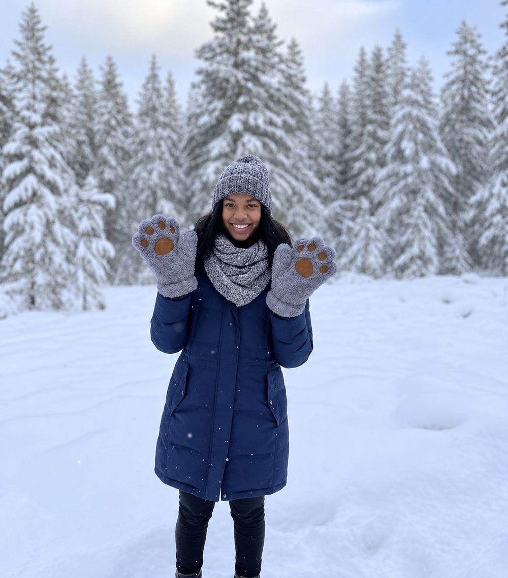 Grey Soft Plush Bear Paw Gloves