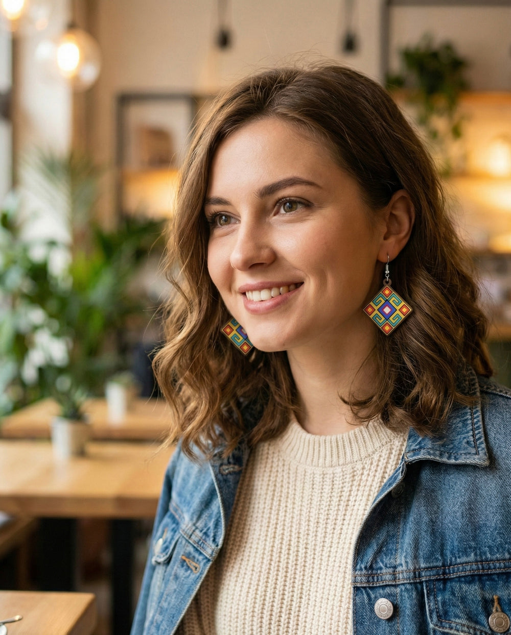 OLDTRIBES™ Painted blue and mustard Wood Earrings with Diamond shape