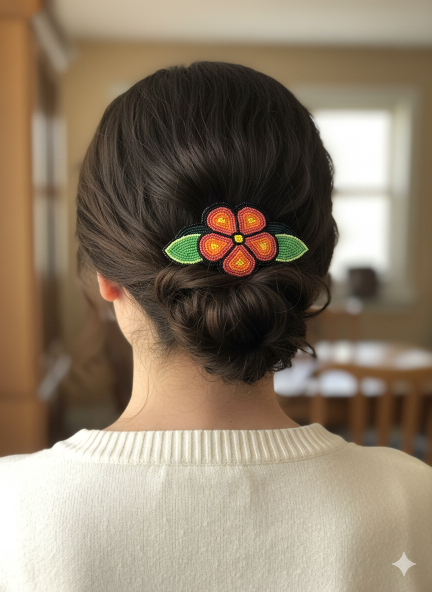 Peach Beaded Flower Barrette