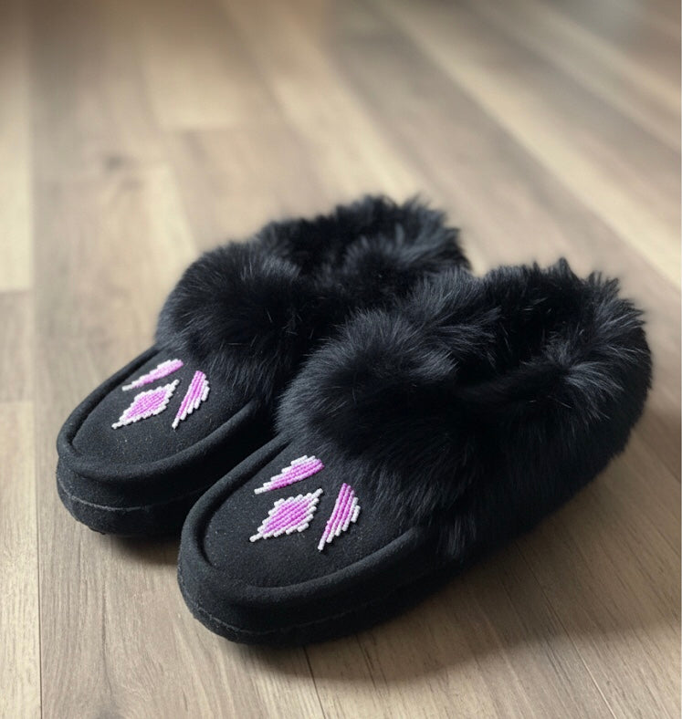 Black Moccasins with Pink Beadwork (Size 7)