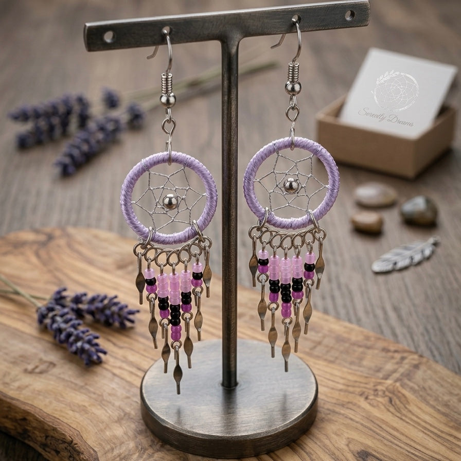 Light Purple Beaded Dreamcatcher earrings