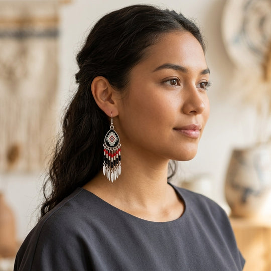 Southwestern Fringe Drop Earrings(Black)
