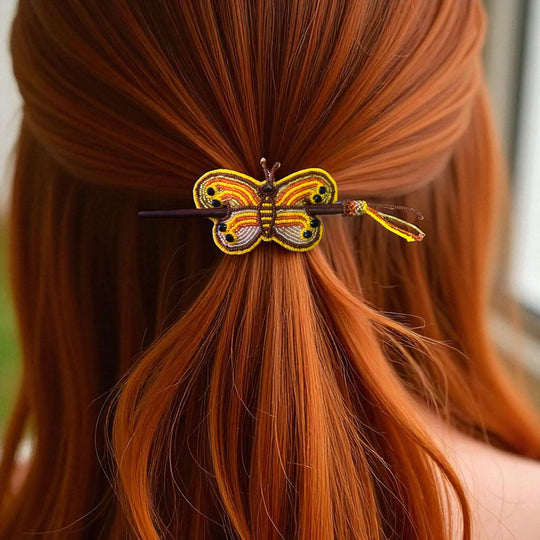 Yellow brown Handmade Beaded Butterfly Barrete