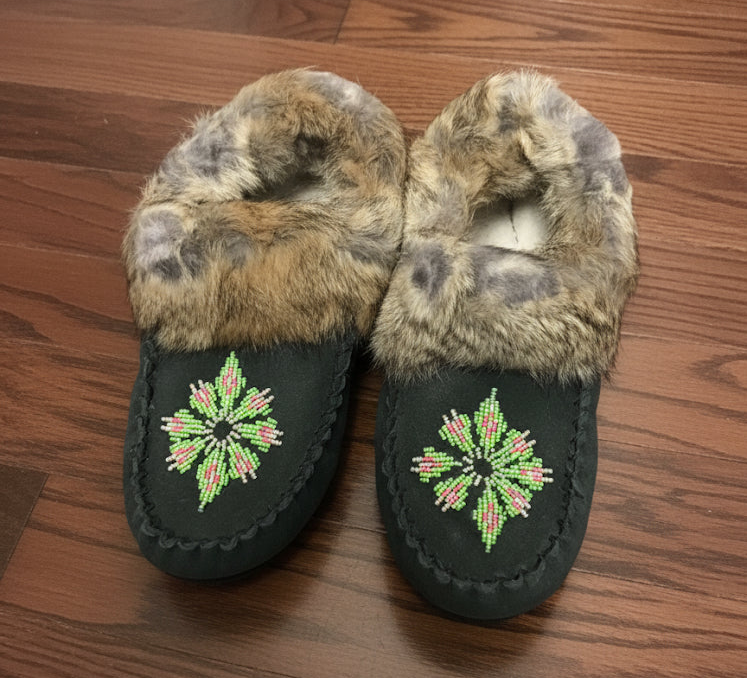Green Moccasins with Beadwork (Size 8)