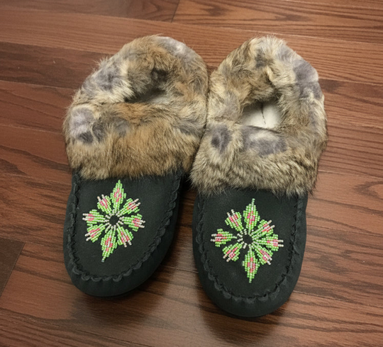 Green Moccasins with Beadwork (Size 8)