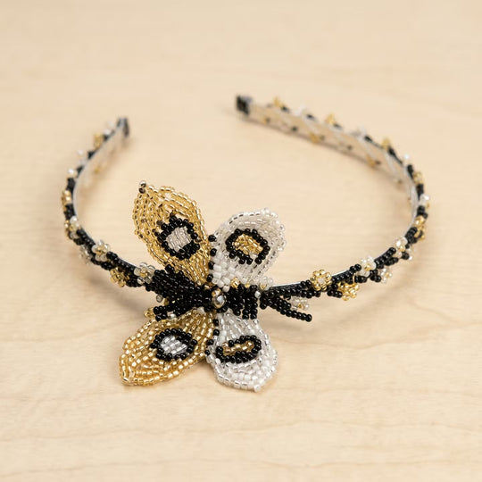 Beaded Headband with Butterfly Golden & White