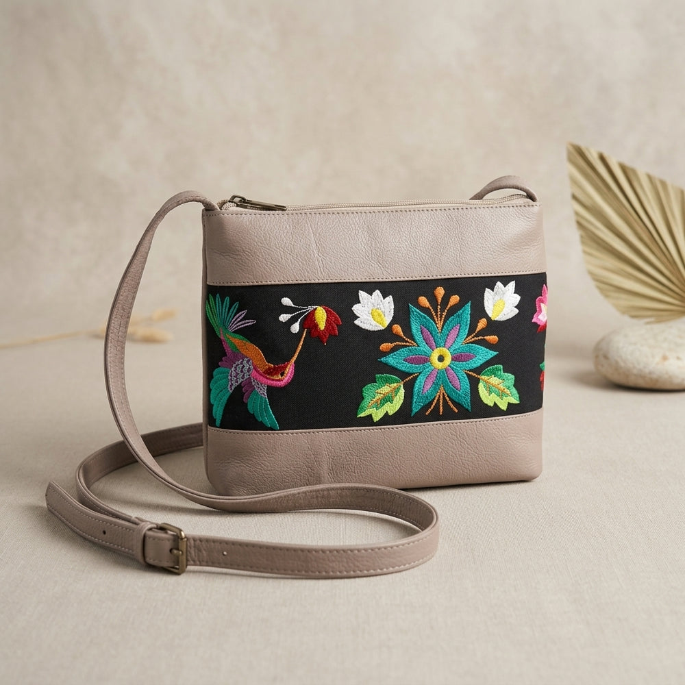 Hummingbird Embroidered Leather Crossbody Bag