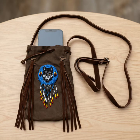 Beaded Suede Phone Pouch ~ Brown (Wolf)