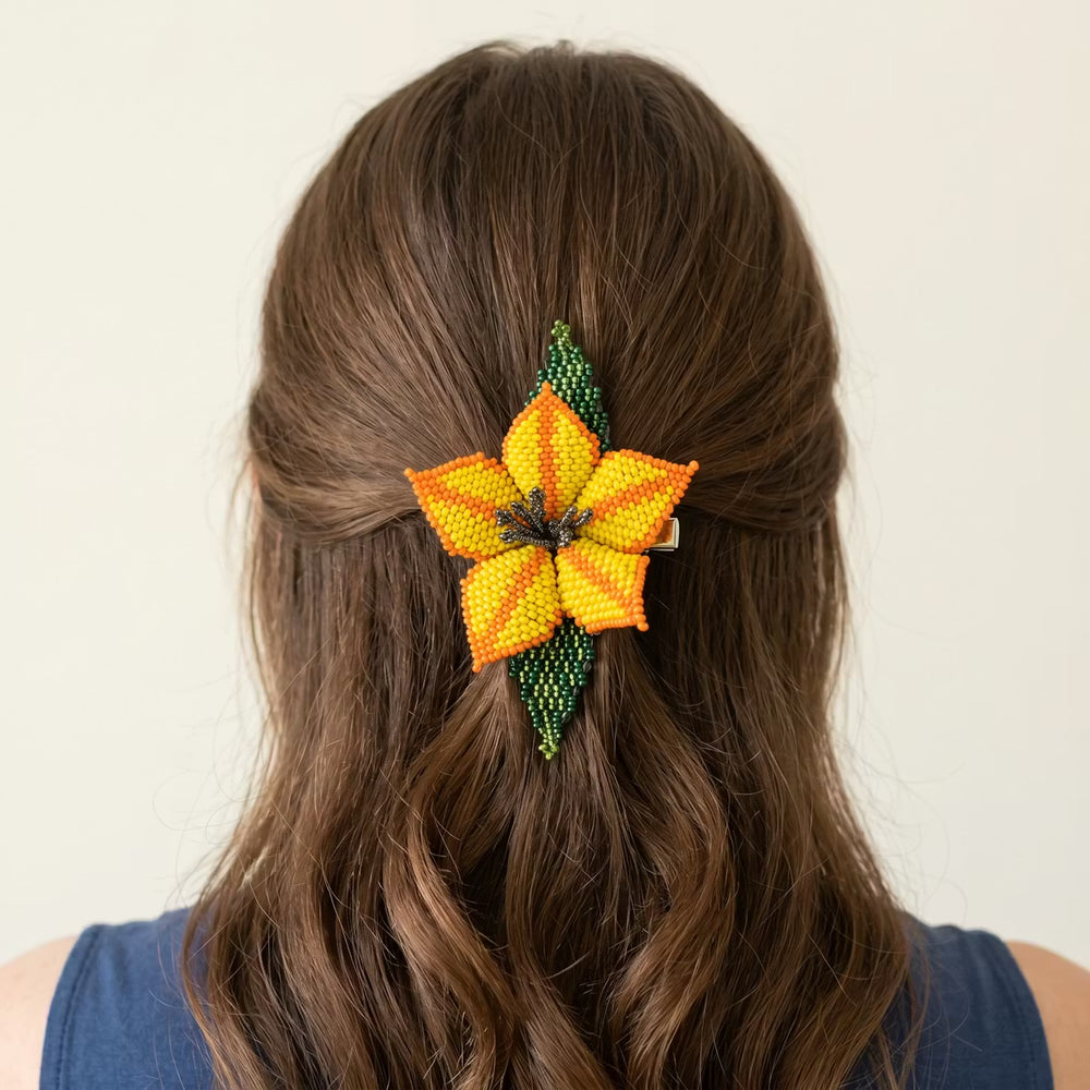 Yellow Ember Bloom Beaded Hair Barrette