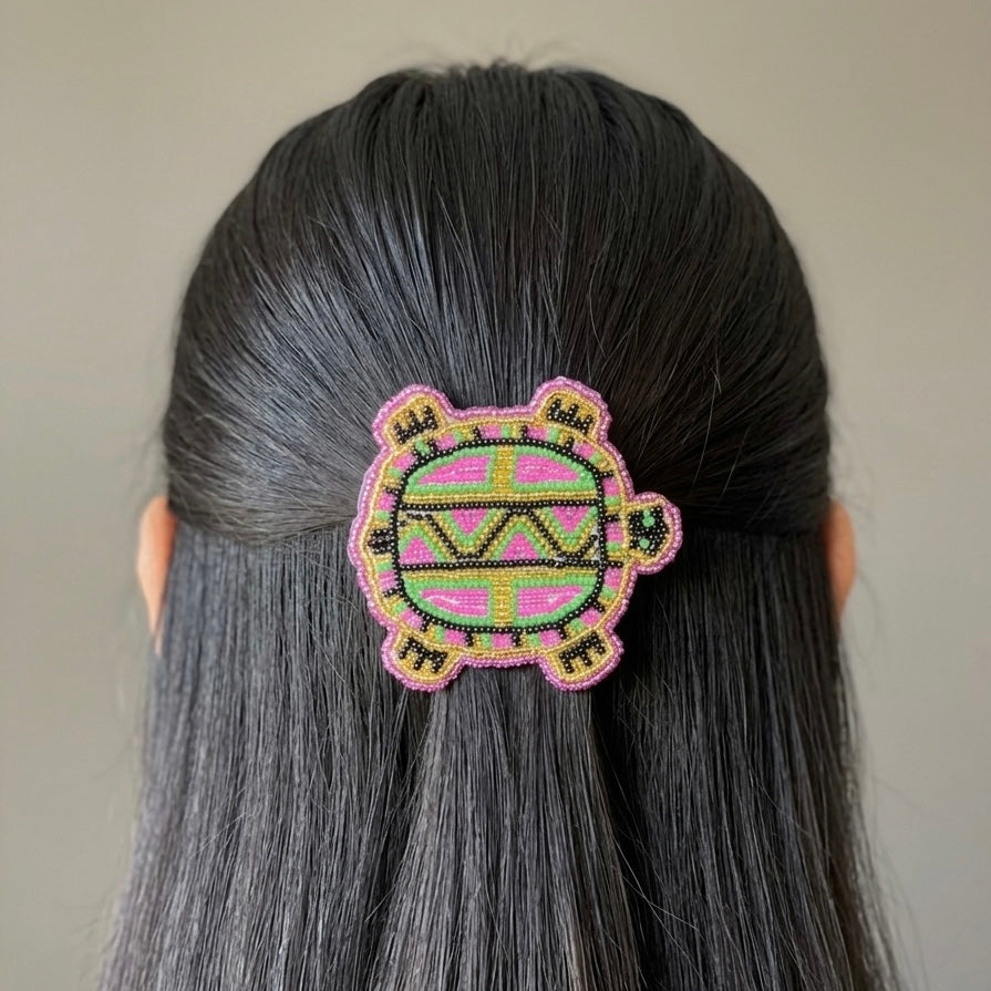 Beaded turtle Barrette Green accent