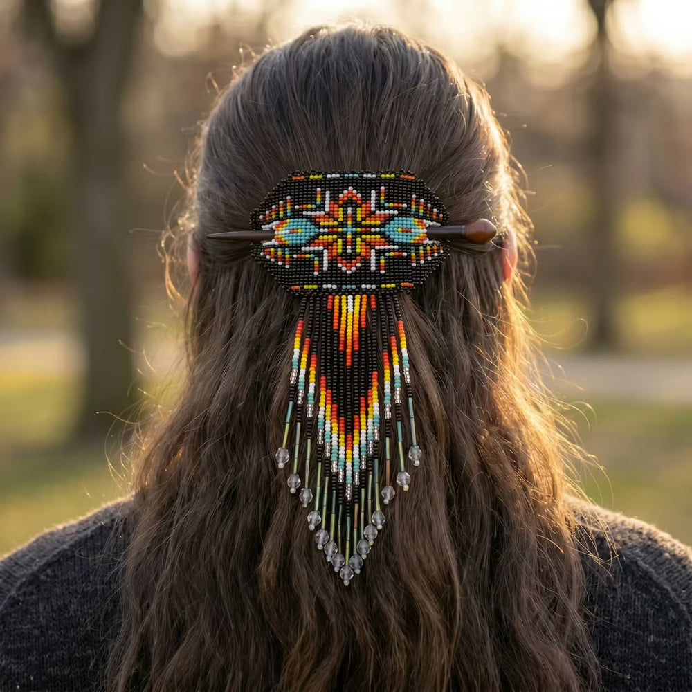 Feathers Fringed Beaded Barrette & Wooden Stick