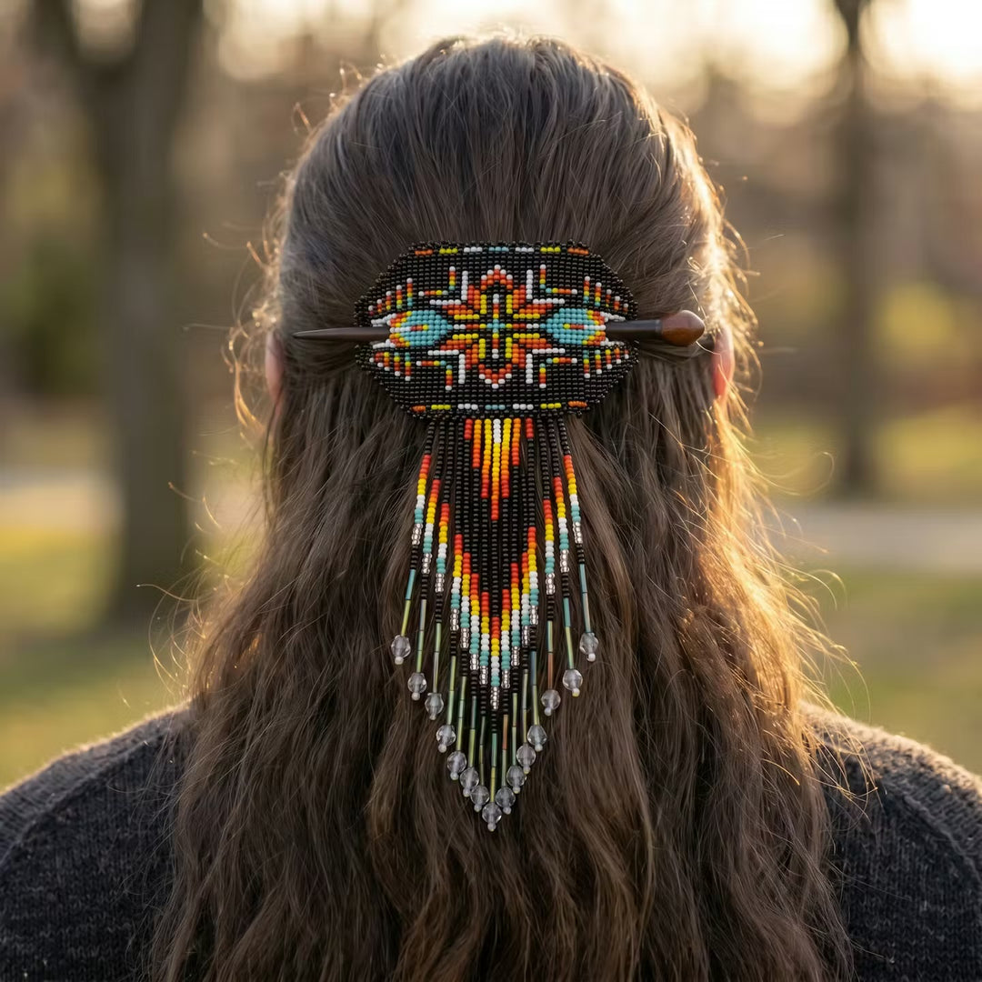 Feathers Fringed Beaded Barrette & Wooden Stick