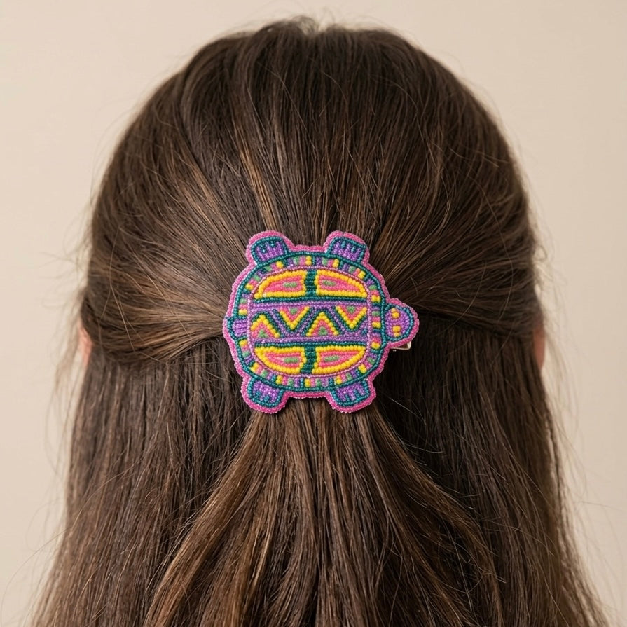 Beaded turtle Barrette pink accent