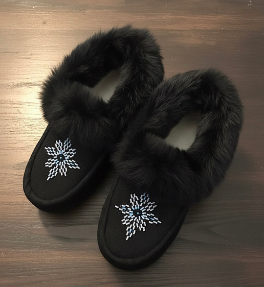 Black  Moccasins with Beadwork (Size 9)