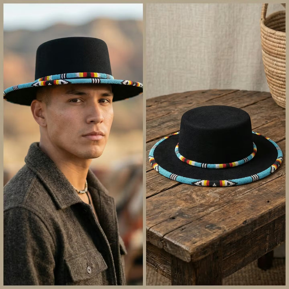 Size-59 Beaded Flat-Brim Felt Hat