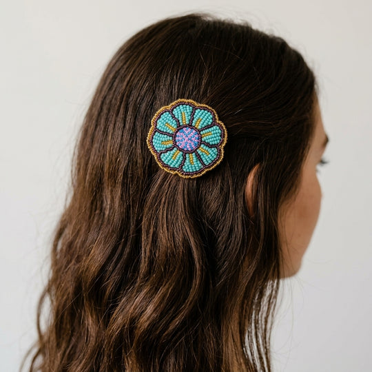 Turquoise Beaded Flower Barrette