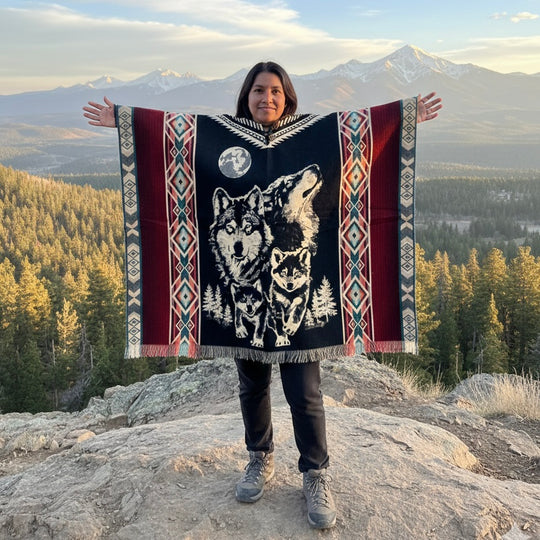 Wolf w/puppy wolf HandMade Wool Poncho