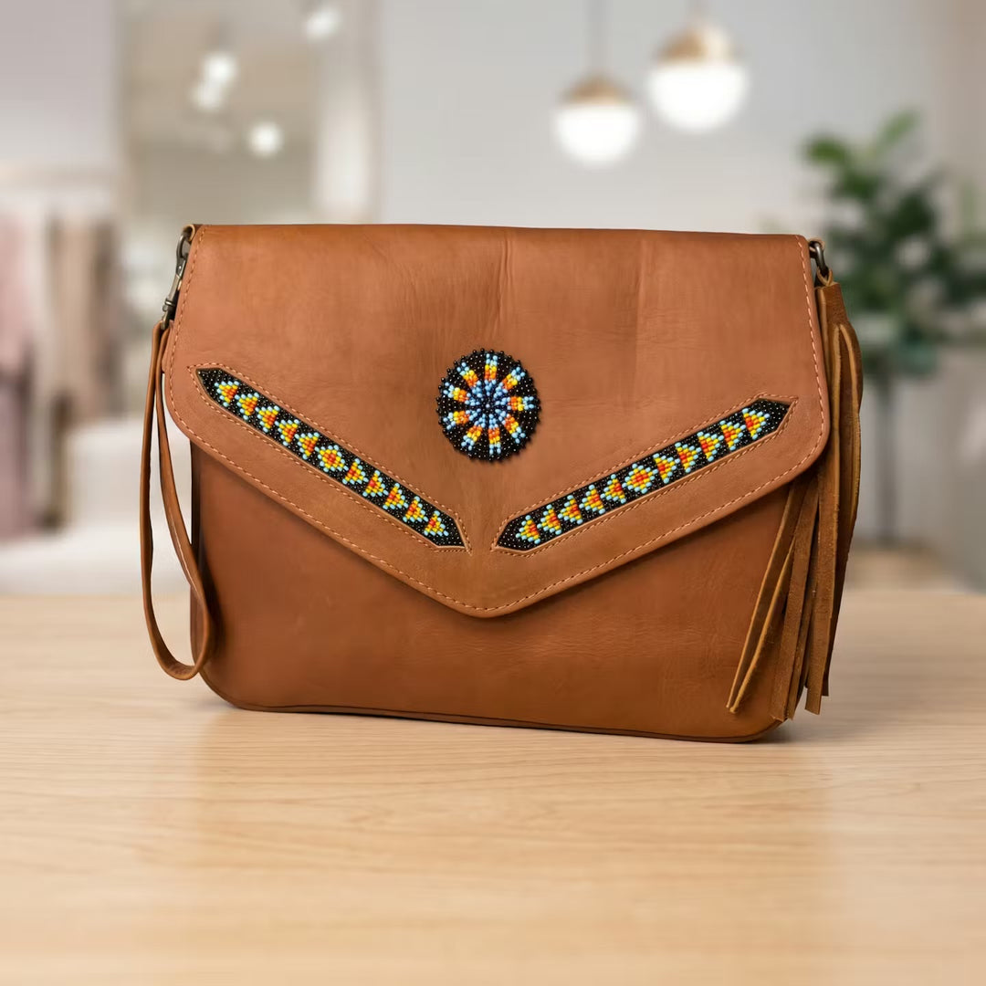 Leather beaded Crossbody bag(Brown)