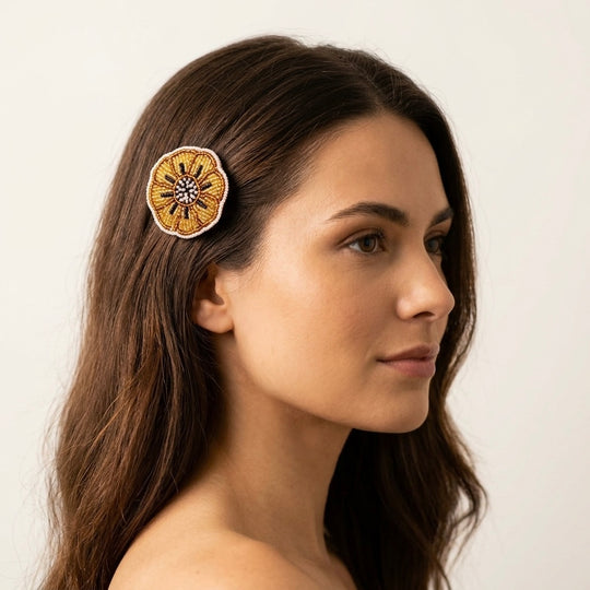 Golden Beaded Flower Barrette