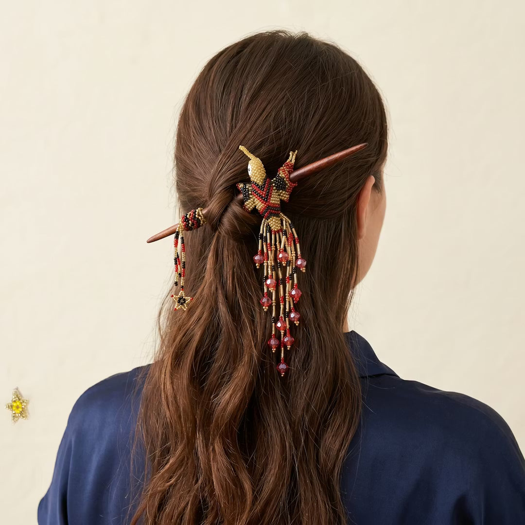 Red & Black Hummingbird Beaded Hair Stick