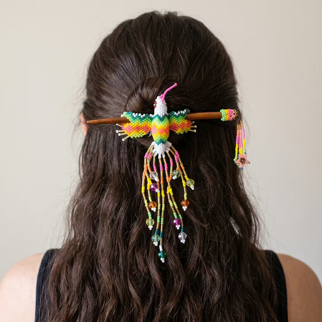 White Hummingbird Beaded Hair Stick