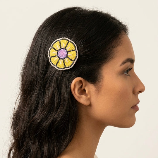 Yellow Beaded Flower Barrette
