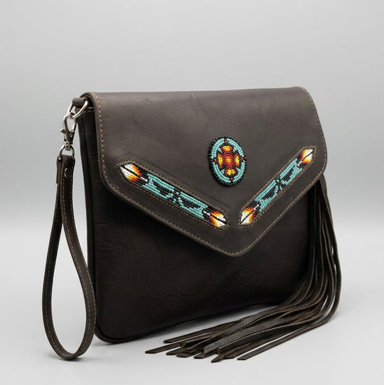 Leather beaded Crossbody bag(Chocolate Brown)