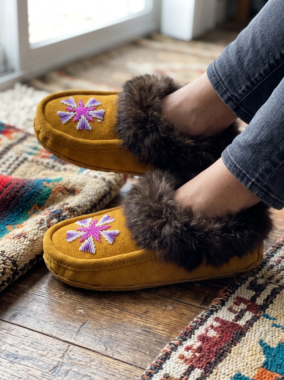Yellow Moccasins with Beadwork (Size 10)