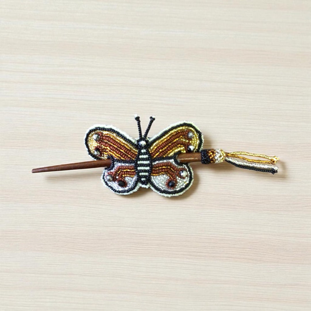 White black Handmade Beaded Butterfly Barrete
