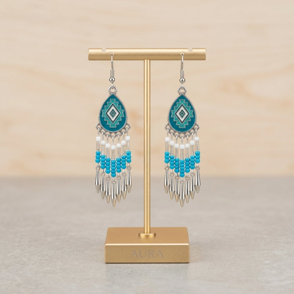 Southwestern Fringe Drop Earrings(Turquoise)