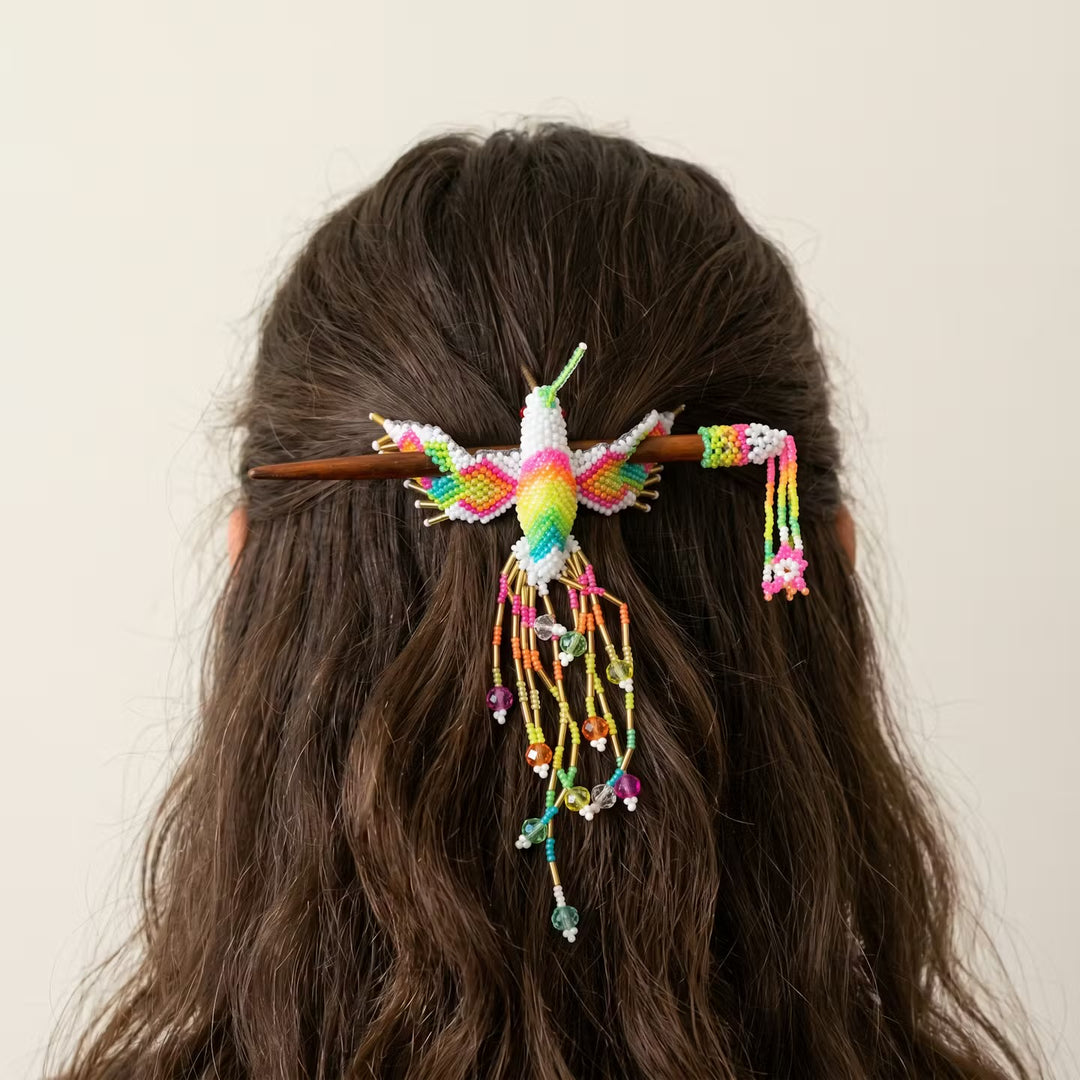 White Hummingbird Beaded Hair Stick