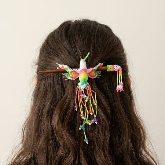 White Hummingbird Beaded Hair Stick