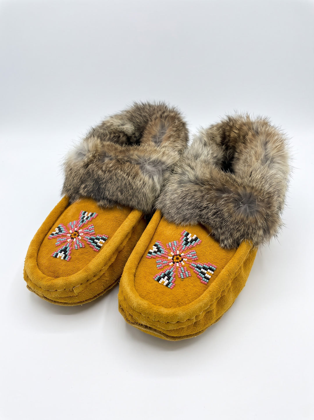 Yellow Moccasins with Beadwork (Size 8)