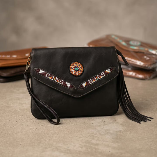 Leather beaded Crossbody bag(Chocolate Brown)