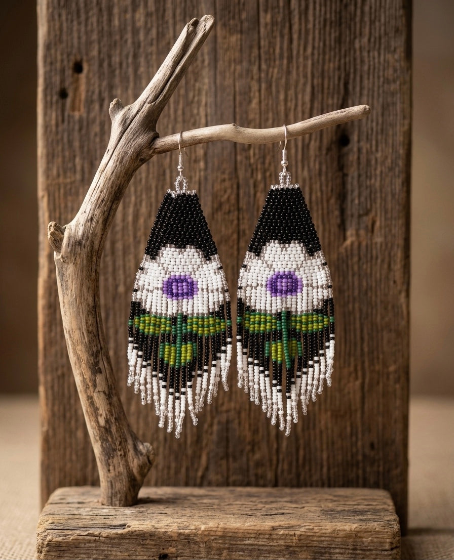Flower Beaded Earrings ( White )