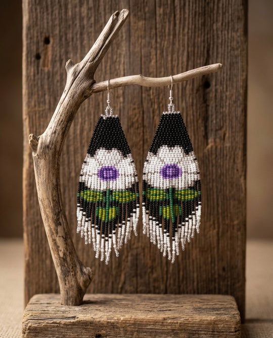 Flower Beaded Earrings ( White )